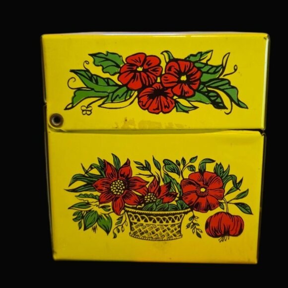 1970s Tin Recipe Box Retro Floral Design yellow red botanical vintage storage - Picture 4 of 9